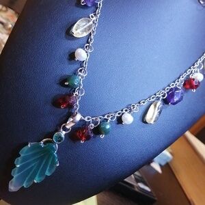 Carved Green Onyx Leaf Pendant Necklace with Natural Citrins, Pearls, Amethysts